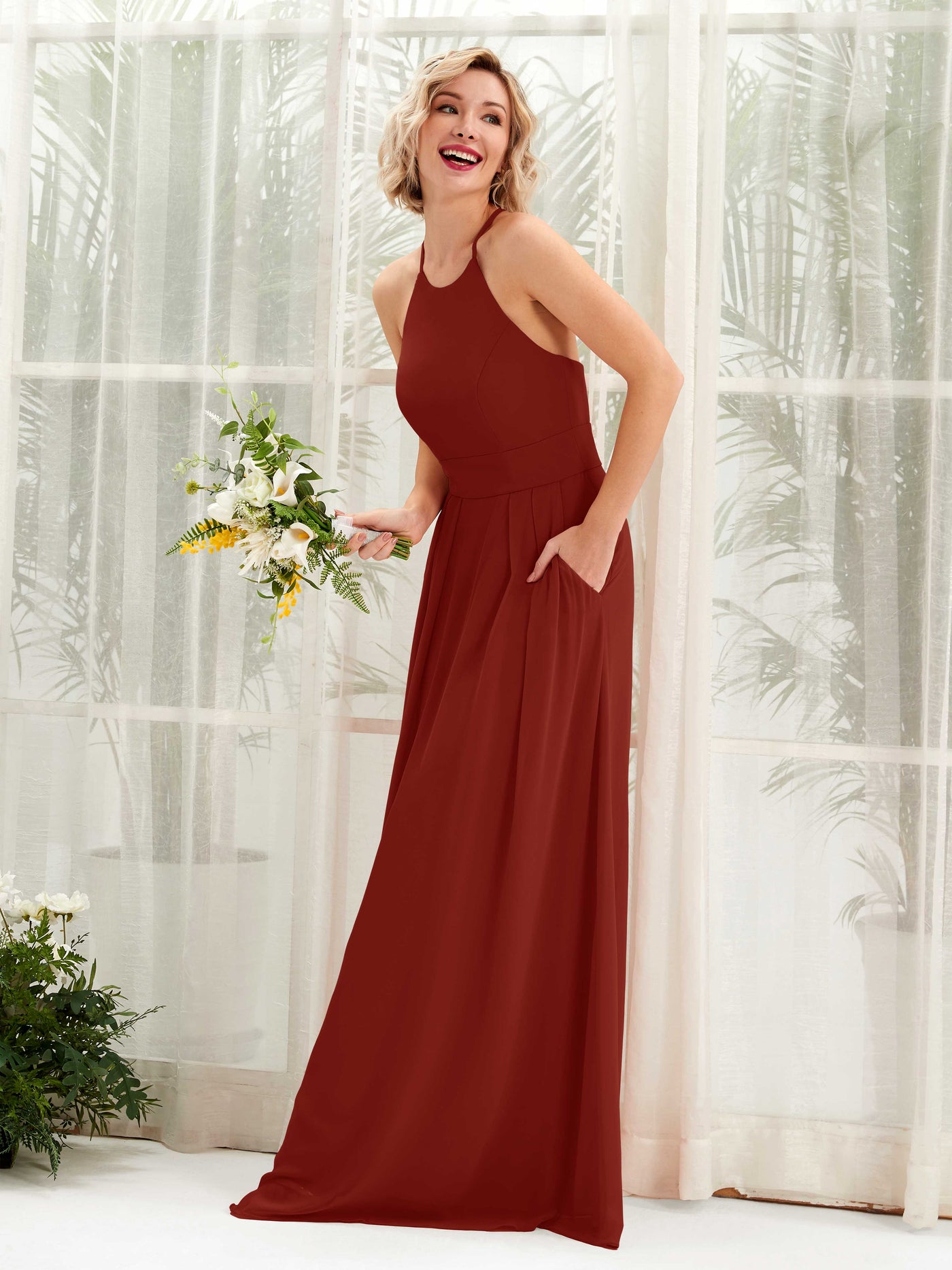 Carlyna A-Linie Kleid Rundhals Bodenlang Taschen Brautjungfernkleid Rostrot #farbe_rostrot