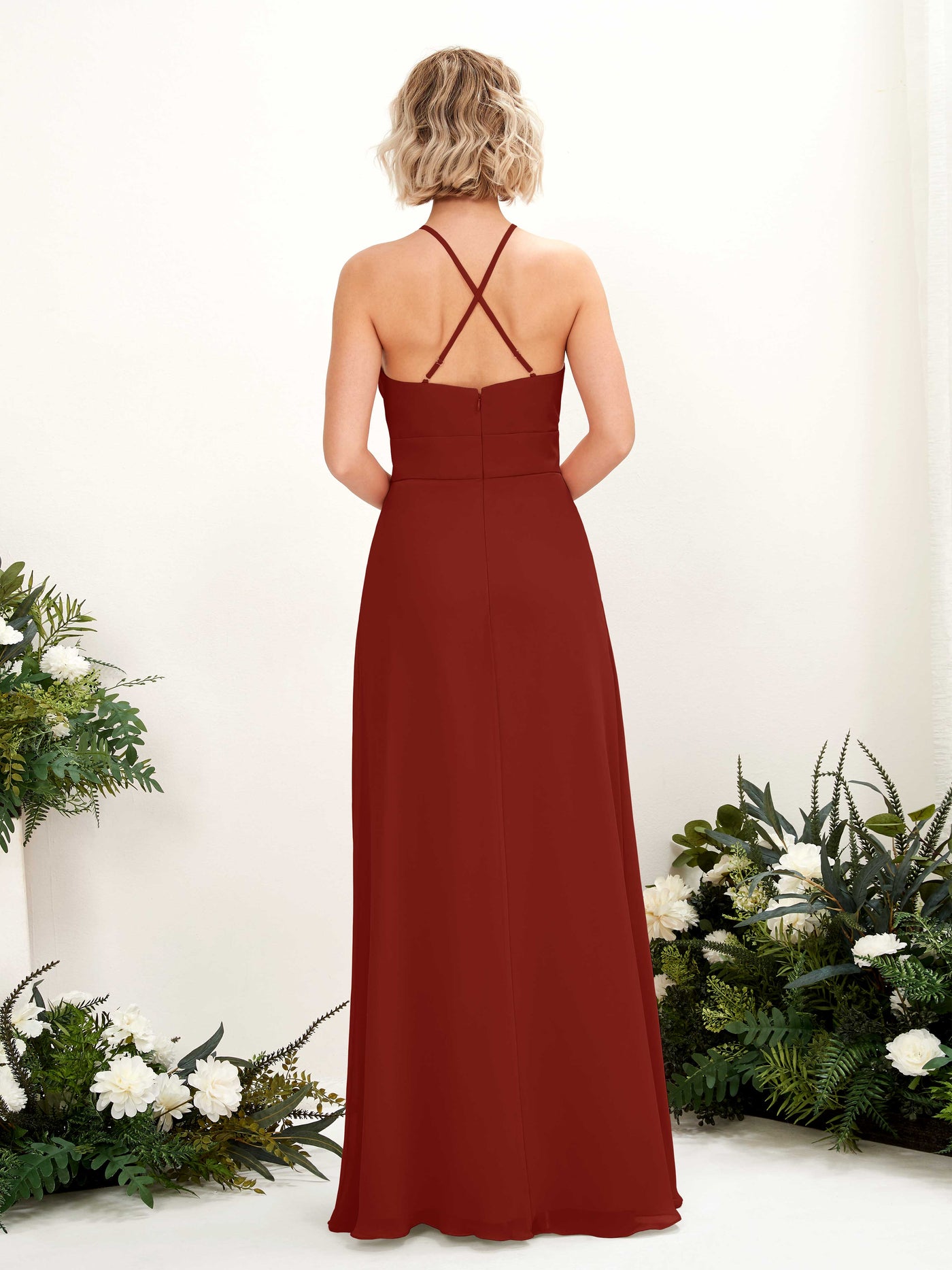 Carlyna A-Linie Kleid Rundhals Bodenlang Taschen Brautjungfernkleid Rostrot #farbe_rostrot