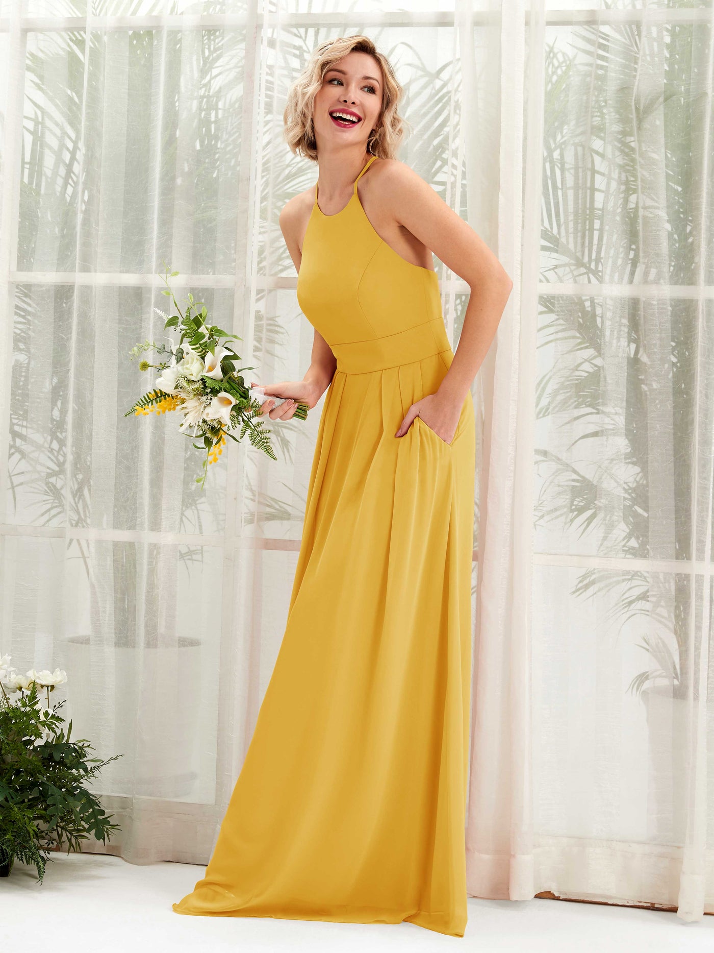 Carlyna A-Linie Kleid Rundhals Bodenlang Taschen Brautjungfernkleid Senfgelb #farbe_senfgelb