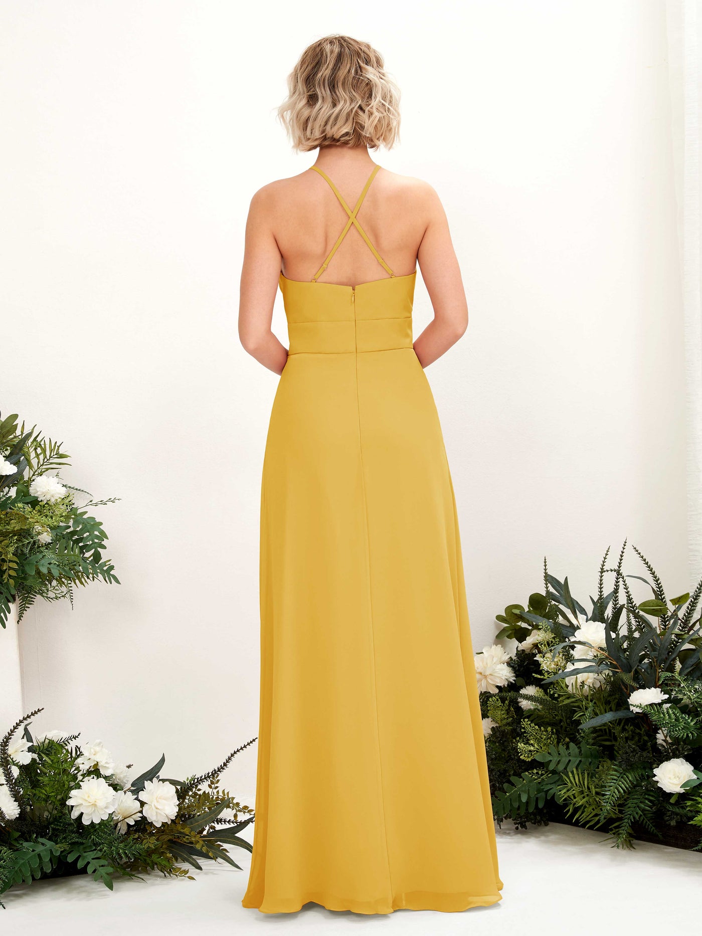 Carlyna A-Linie Kleid Rundhals Bodenlang Taschen Brautjungfernkleid Senfgelb #farbe_senfgelb