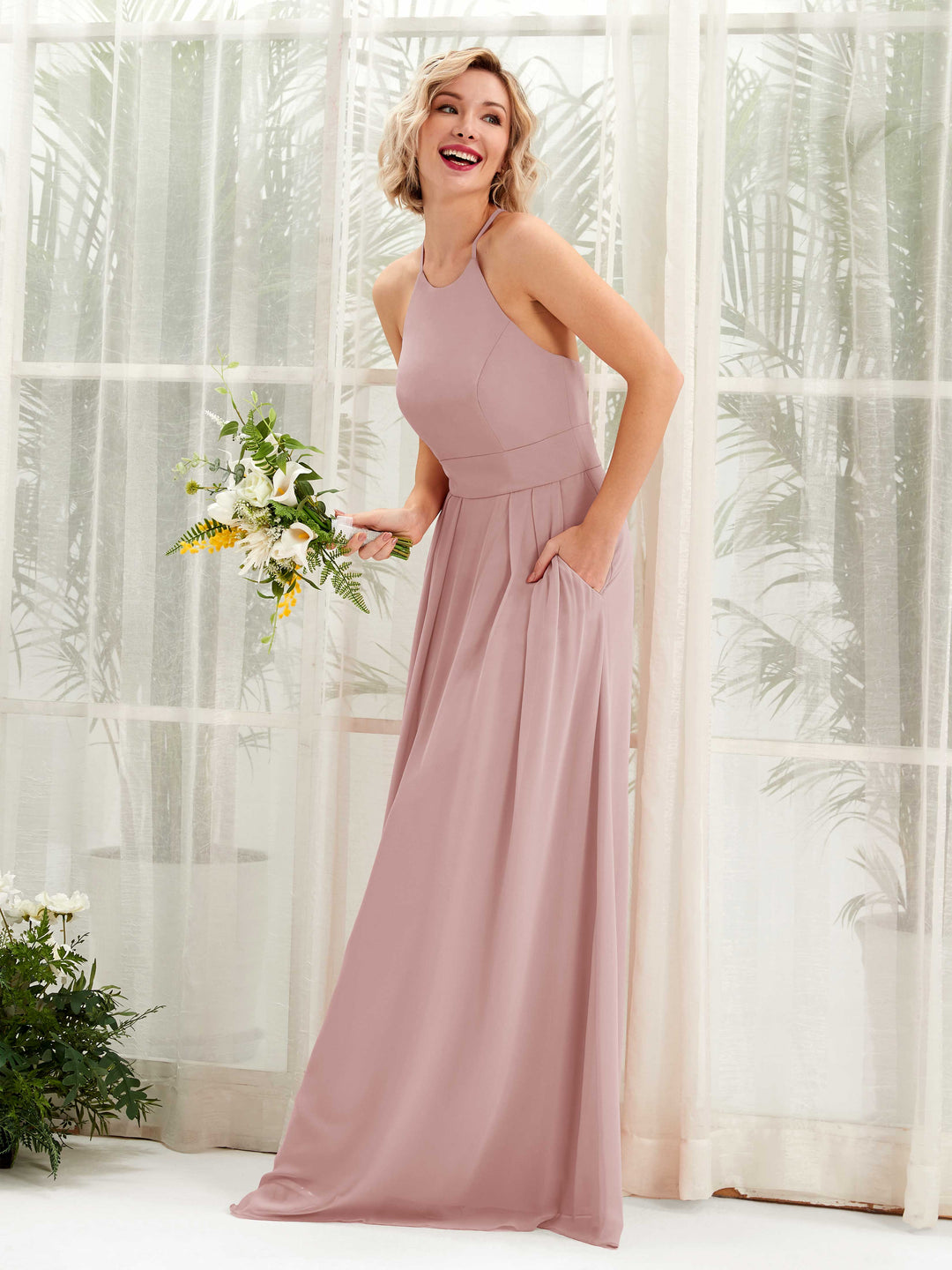 Carlyna A-Linie Kleid Rundhals Bodenlang Taschen Brautjungfernkleid Staubige Rose 
