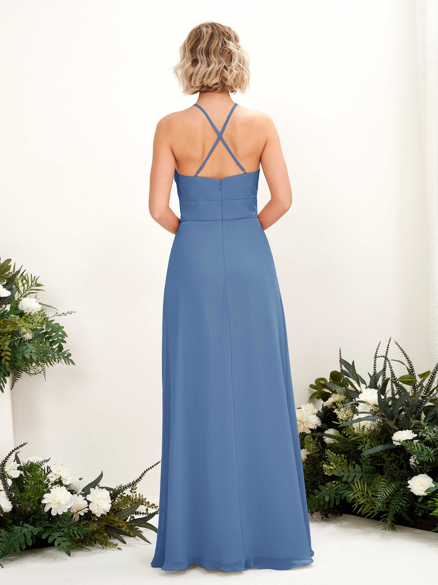 Carlyna A-Linie Kleid Rundhals Bodenlang Taschen Brautjungfernkleid Staubiges Blau #farbe_staubiges-blau