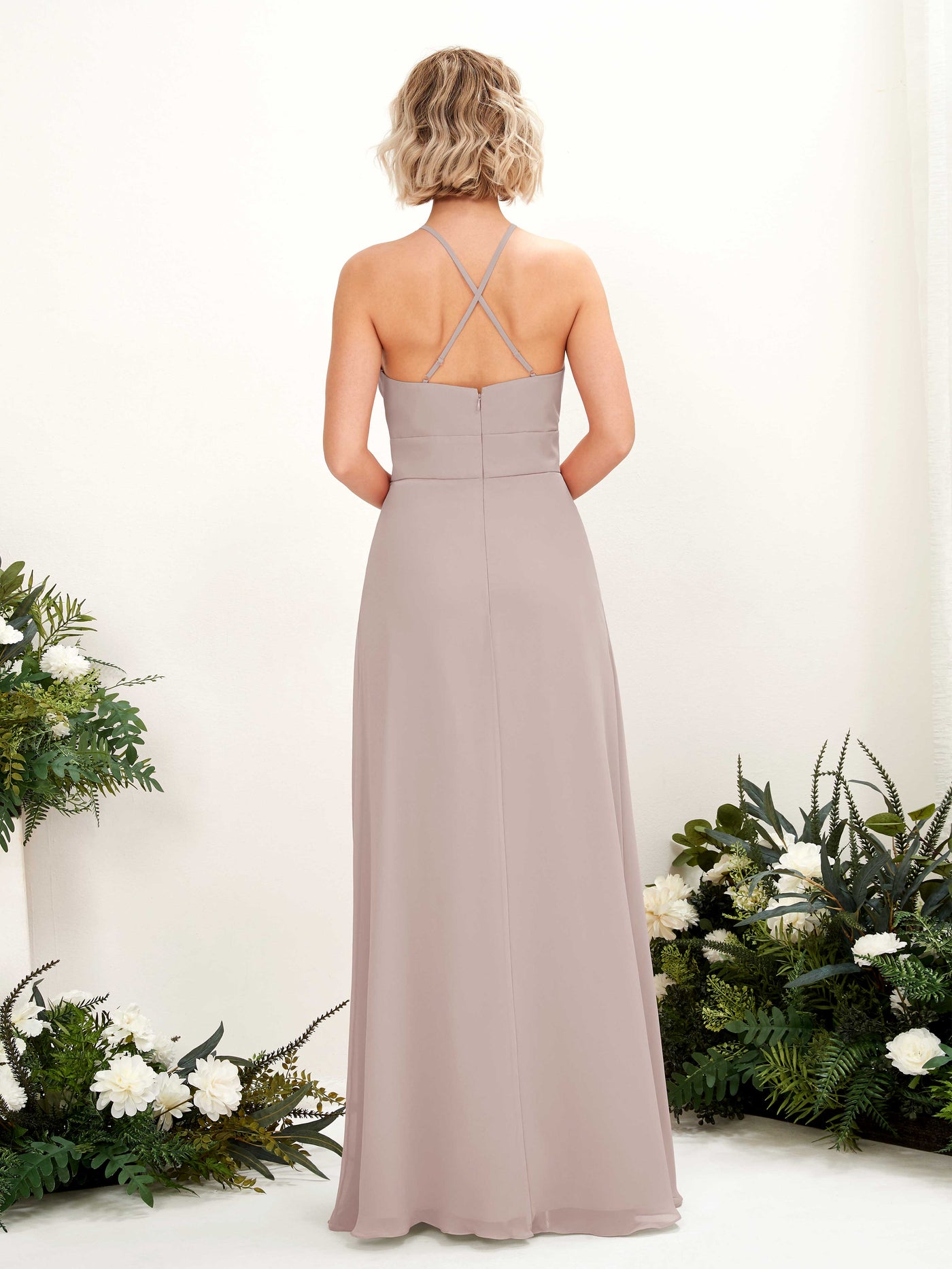 Carlyna A-Linie Kleid Rundhals Bodenlang Taschen Brautjungfernkleid Taupe #farbe_taupe