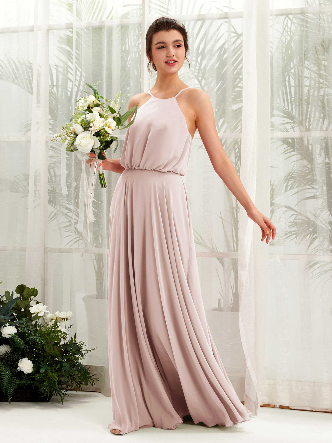 Carlyna A-Linie Spaghettiträger Chiffon Bodenlang Kleid Biscotti 