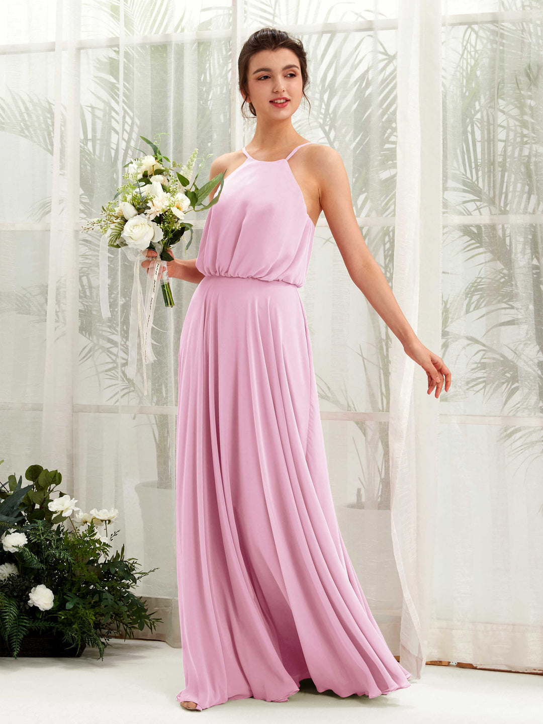 Carlyna A-Linie Spaghettiträger Chiffon Bodenlang Kleid Bonbonrosa 
