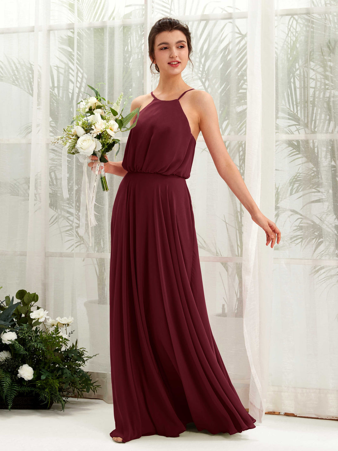 Carlyna A-Linie Spaghettiträger Chiffon Bodenlang Kleid Burgunderrot 