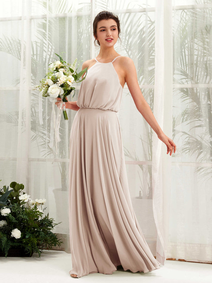 Carlyna A-Linie Spaghettiträger Chiffon Bodenlang Kleid Champagner 