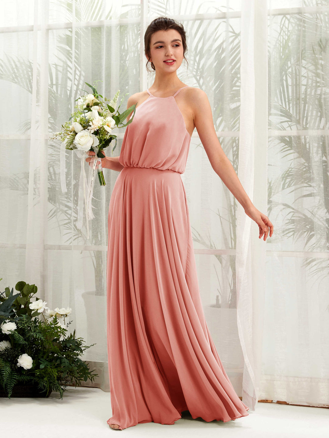 Carlyna A-Linie Spaghettiträger Chiffon Bodenlang Kleid Champagner-Rose 