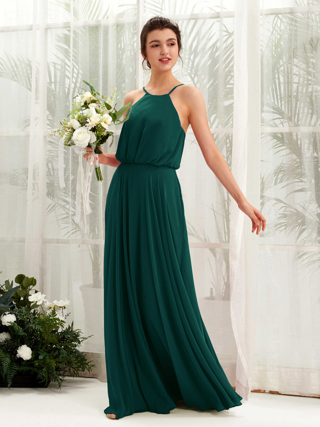 Carlyna A-Linie Spaghettiträger Chiffon Bodenlang Kleid Dunkelsmaragd 