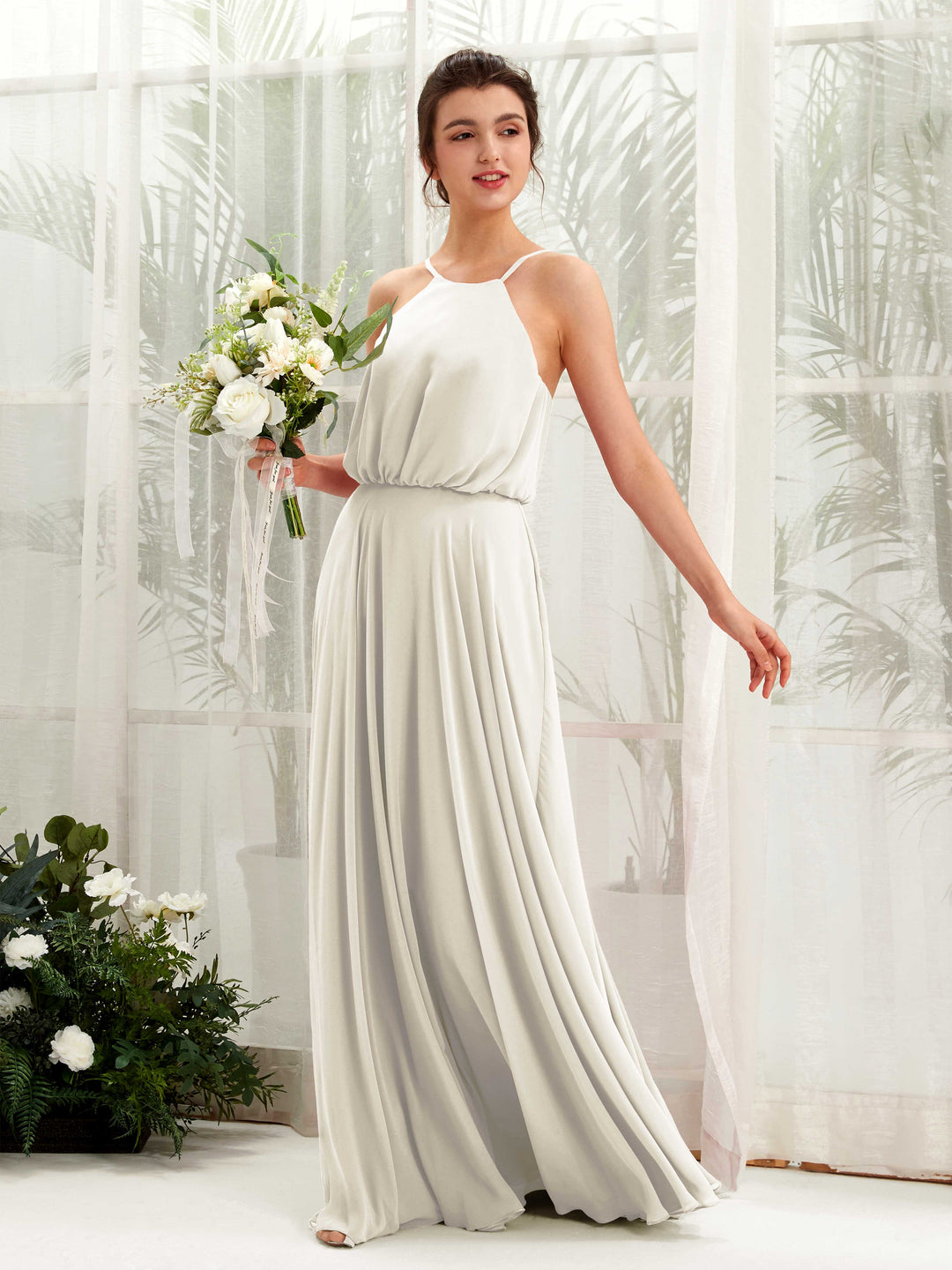 Carlyna A-Linie Spaghettiträger Chiffon Bodenlang Kleid Elfenbein 