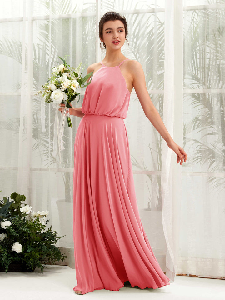 Carlyna A-Linie Spaghettiträger Chiffon Bodenlang Kleid Korallenrosa 