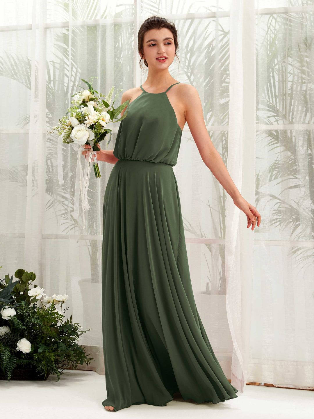 Carlyna A-Linie Spaghettiträger Chiffon Bodenlang Kleid Martini-Olive 
