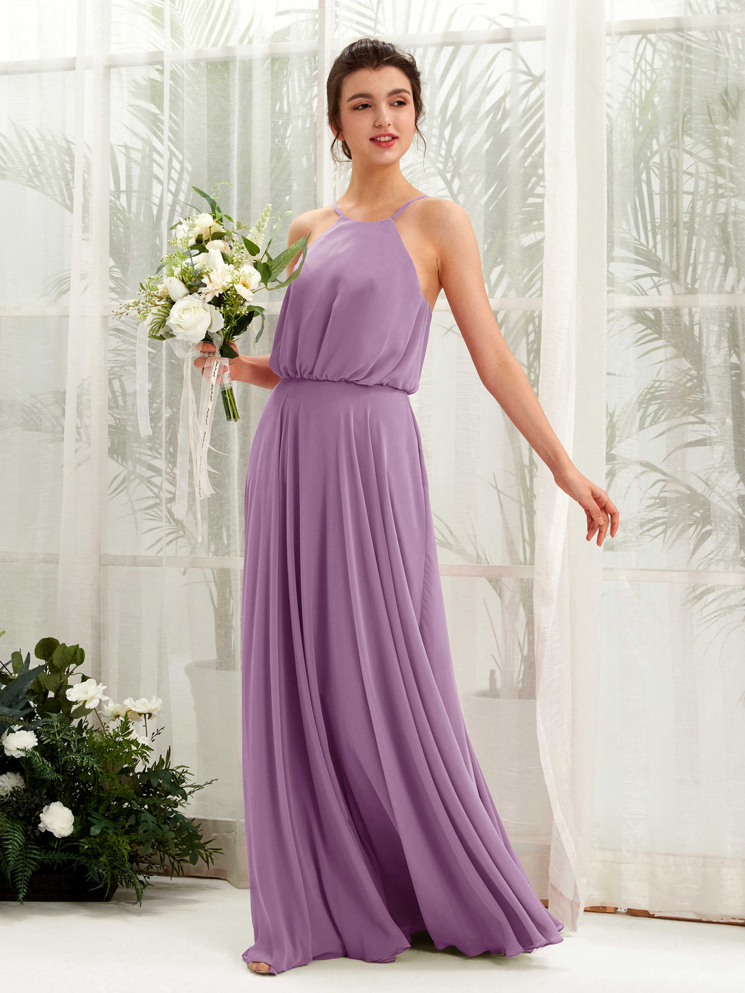 Carlyna A-Linie Spaghettiträger Chiffon Bodenlang Kleid Orchideen-Nebel 