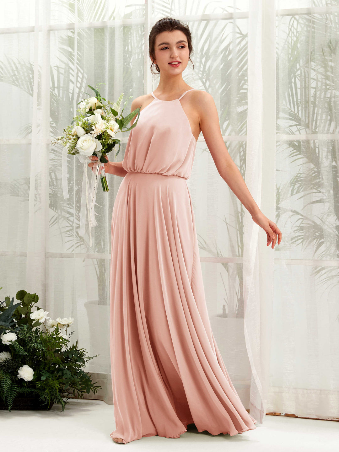 Carlyna A-Linie Spaghettiträger Chiffon Bodenlang Kleid Perlrosa 