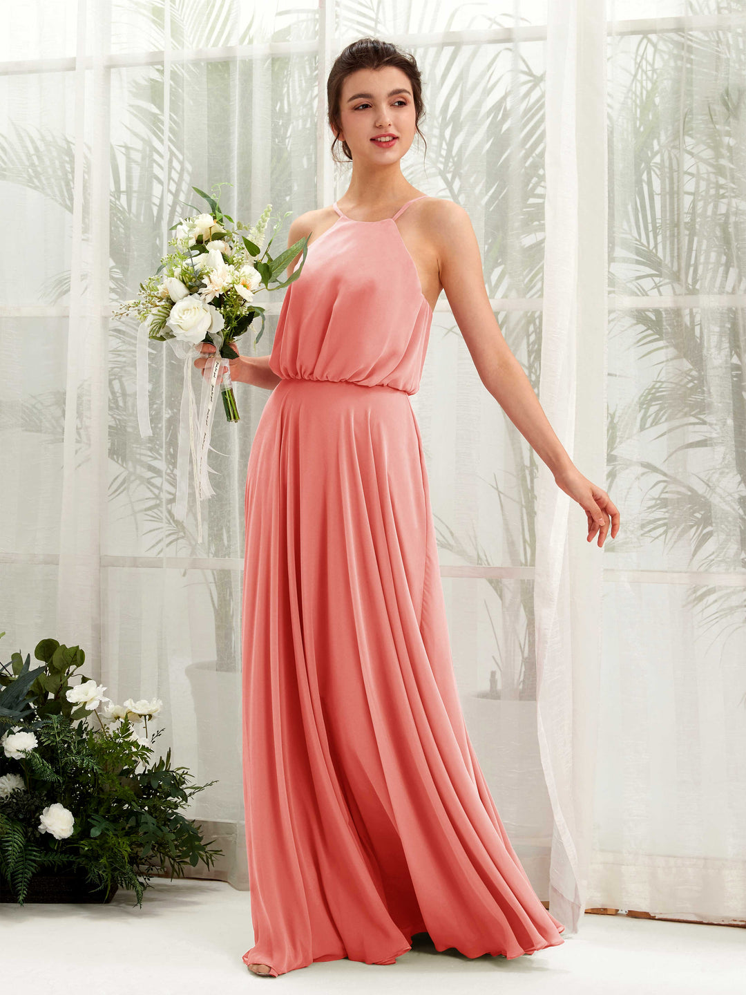 Carlyna A-Linie Spaghettiträger Chiffon Bodenlang Kleid Pfirsichrosa 