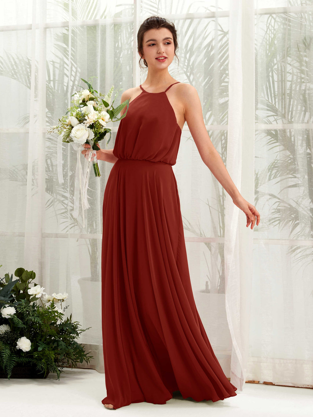 Carlyna A-Linie Spaghettiträger Chiffon Bodenlang Kleid Rostrot 