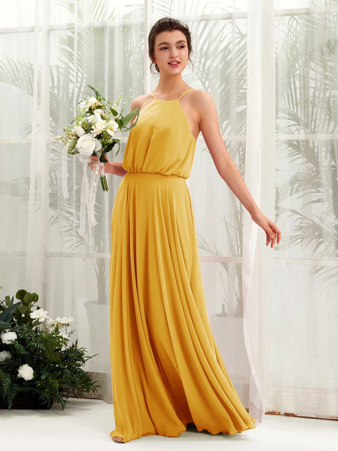 Carlyna A-Linie Spaghettiträger Chiffon Bodenlang Kleid Senfgelb 