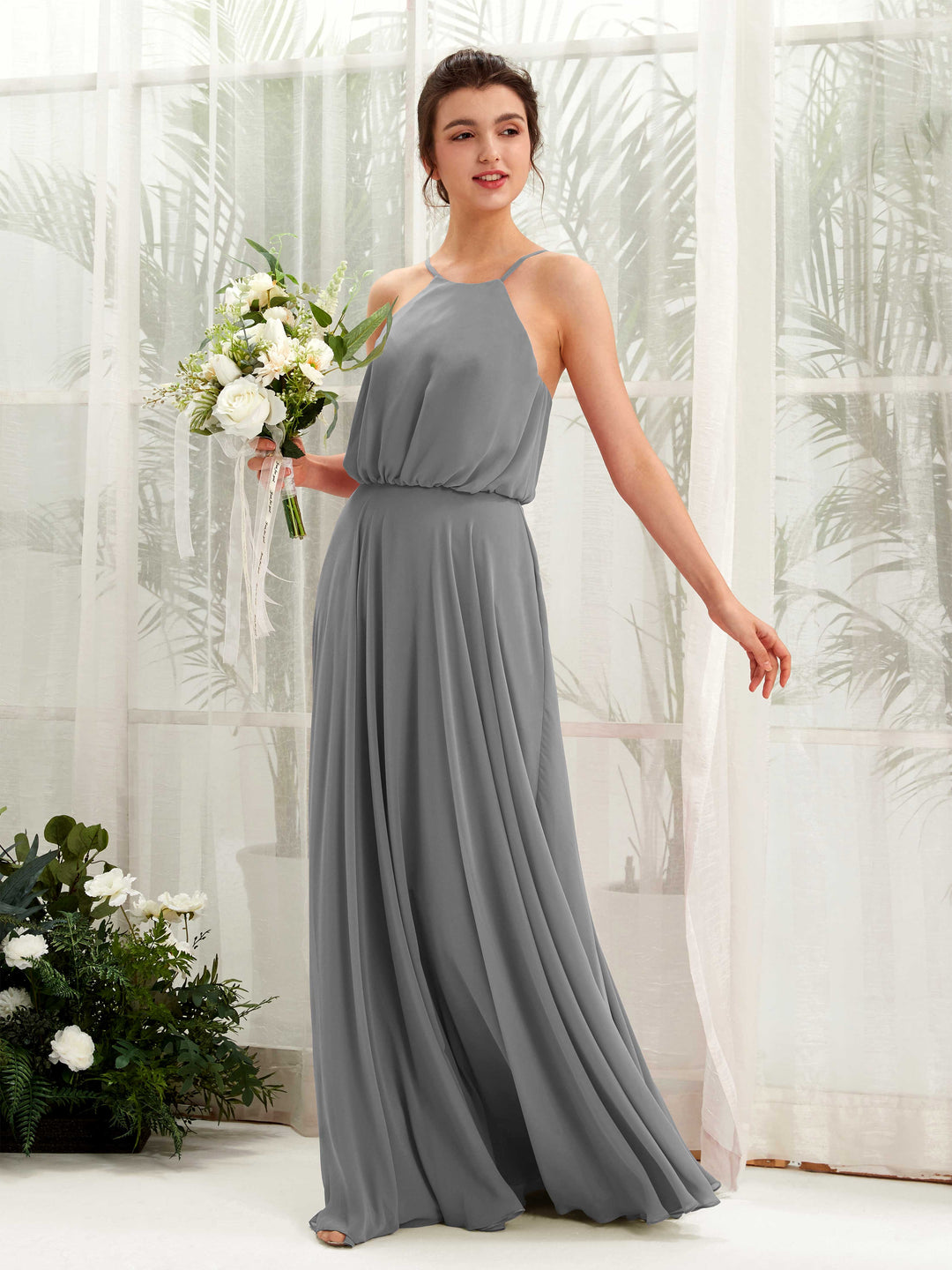 Carlyna A-Linie Spaghettiträger Chiffon Bodenlang Kleid Stahlgrau 