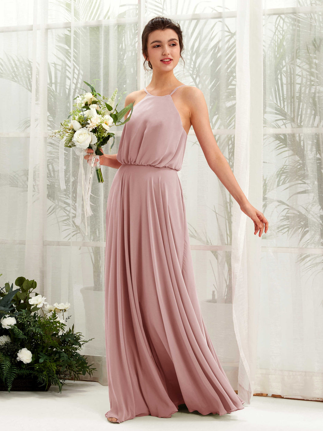 Carlyna A-Linie Spaghettiträger Chiffon Bodenlang Kleid Staubige Rose 