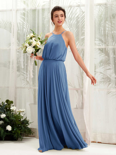 Carlyna A-Linie Spaghettiträger Chiffon Bodenlang Kleid Staubiges Blau #farbe_staubiges-blau