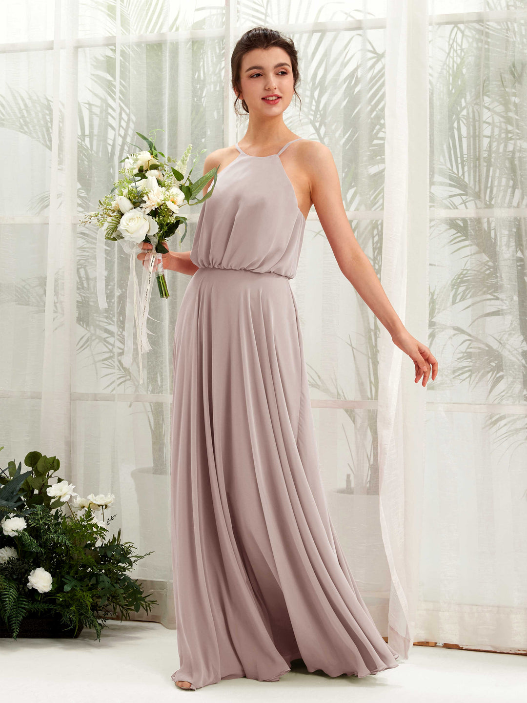 Carlyna A-Linie Spaghettiträger Chiffon Bodenlang Kleid Taupe 