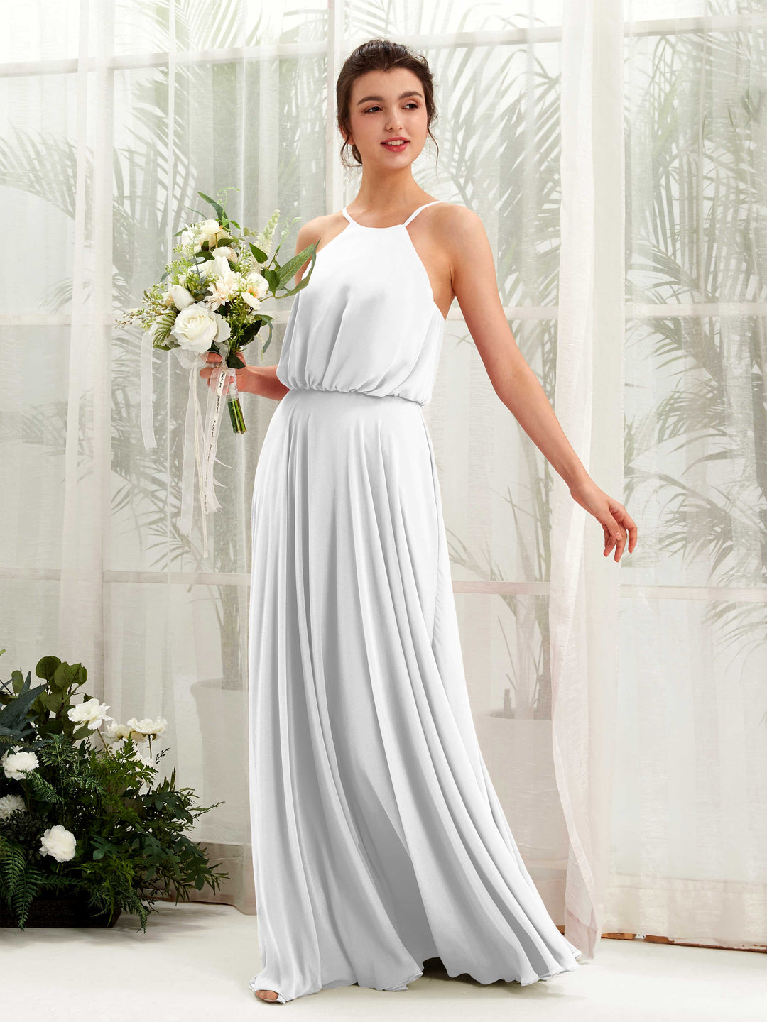 Carlyna A-Linie Spaghettiträger Chiffon Bodenlang Kleid Weiß 