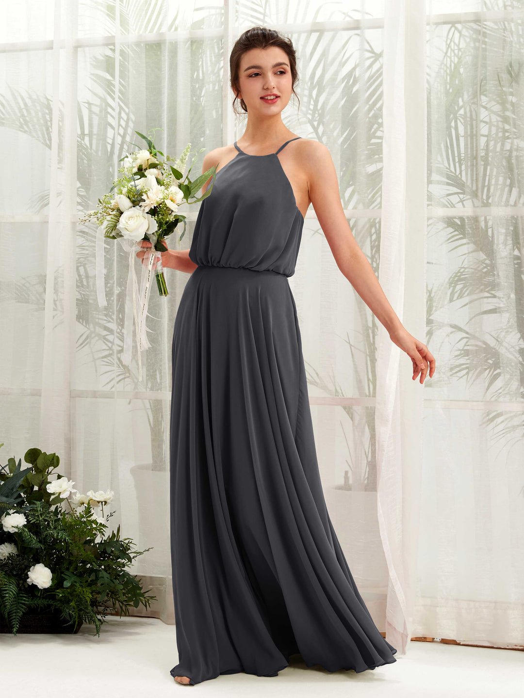 Carlyna A-Linie Spaghettiträger Chiffon Bodenlang Kleid Zinnfarben 