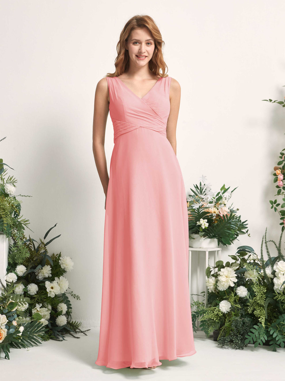 Carlyna A-Linie V-Ausschnitt bodenlang Brautjungfernkleid Ballettrosa 