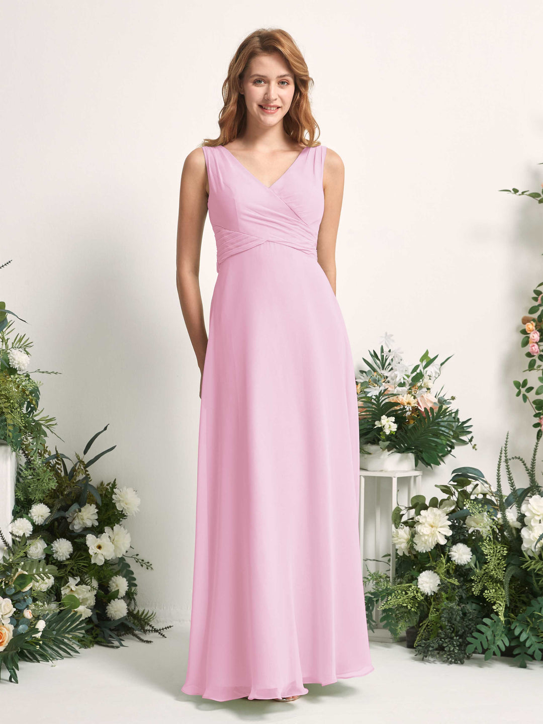 Carlyna A-Linie V-Ausschnitt bodenlang Brautjungfernkleid Bonbonrosa 