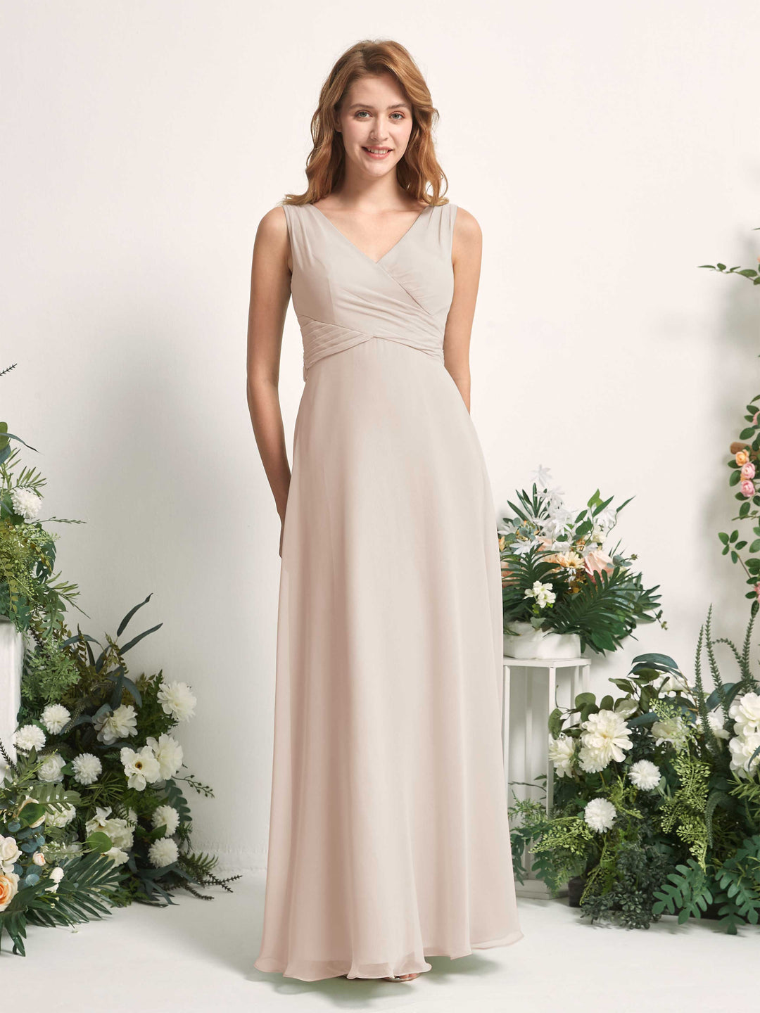 Carlyna A-Linie V-Ausschnitt bodenlang Brautjungfernkleid Champagner 