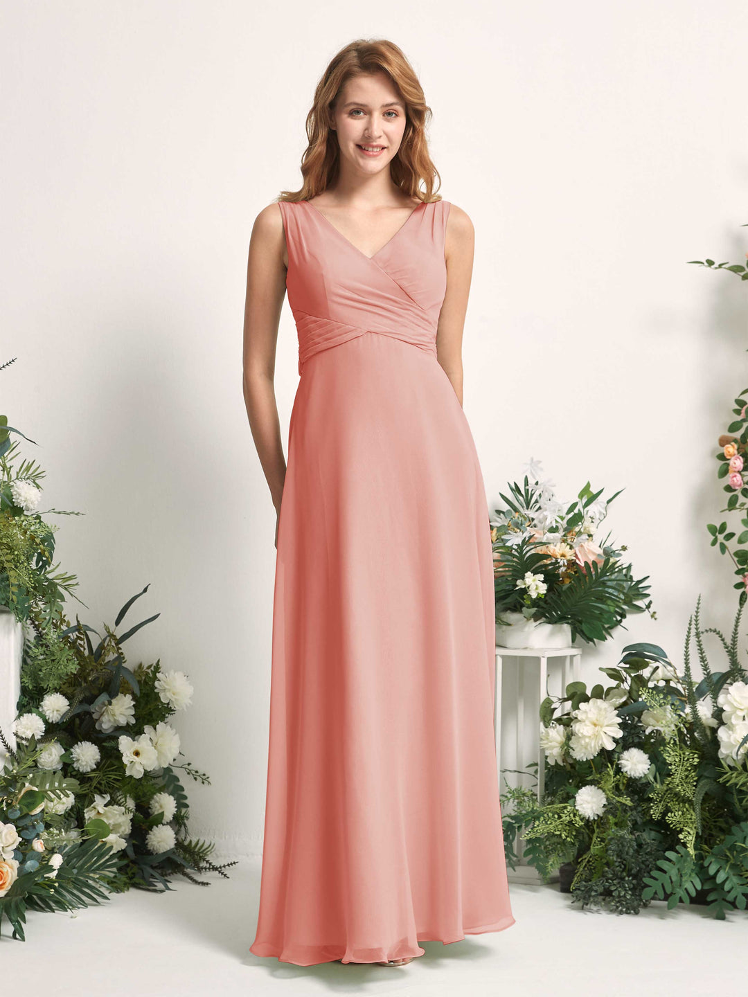 Carlyna A-Linie V-Ausschnitt bodenlang Brautjungfernkleid Champagner-Rose 