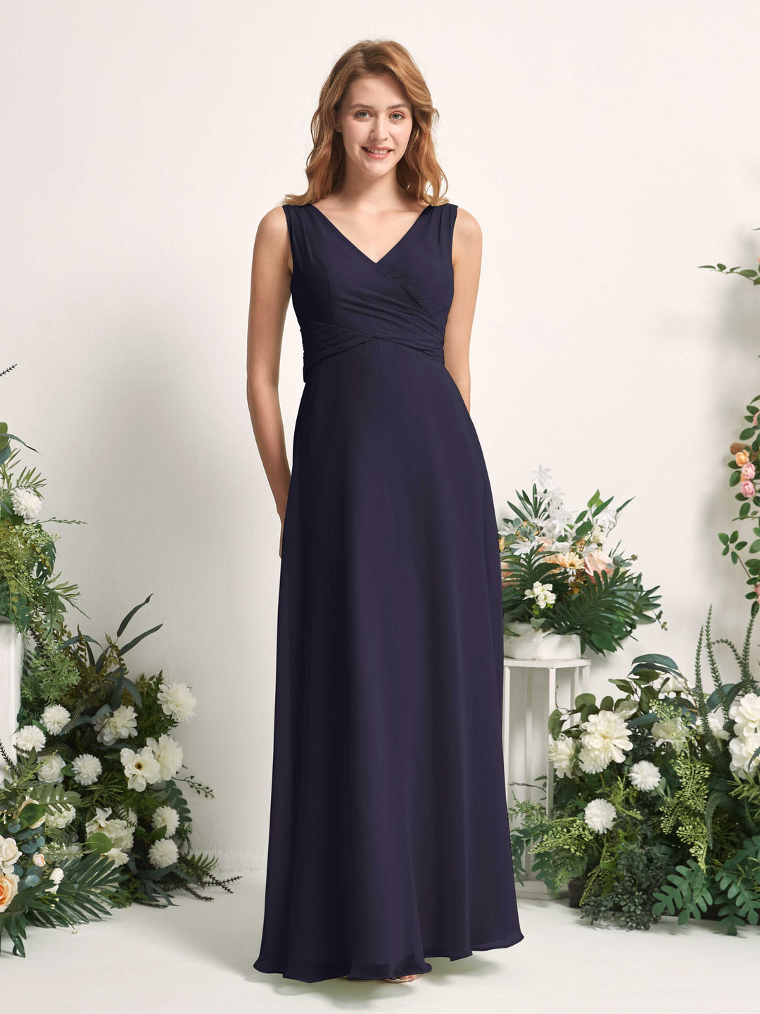 Carlyna A-Linie V-Ausschnitt bodenlang Brautjungfernkleid Dunkel Marineblau 