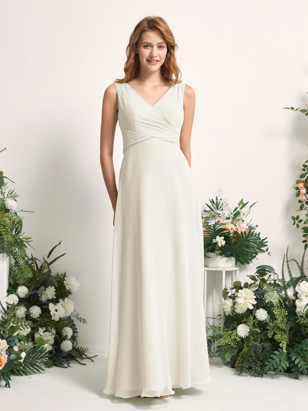 Carlyna A-Linie V-Ausschnitt bodenlang Brautjungfernkleid Elfenbein 