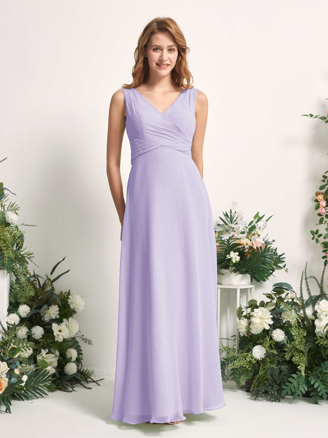 Carlyna A-Linie V-Ausschnitt bodenlang Brautjungfernkleid Flieder 
