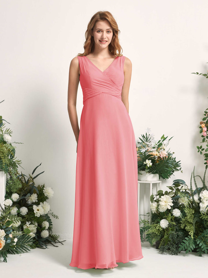Carlyna A-Linie V-Ausschnitt bodenlang Brautjungfernkleid Korallenrosa 