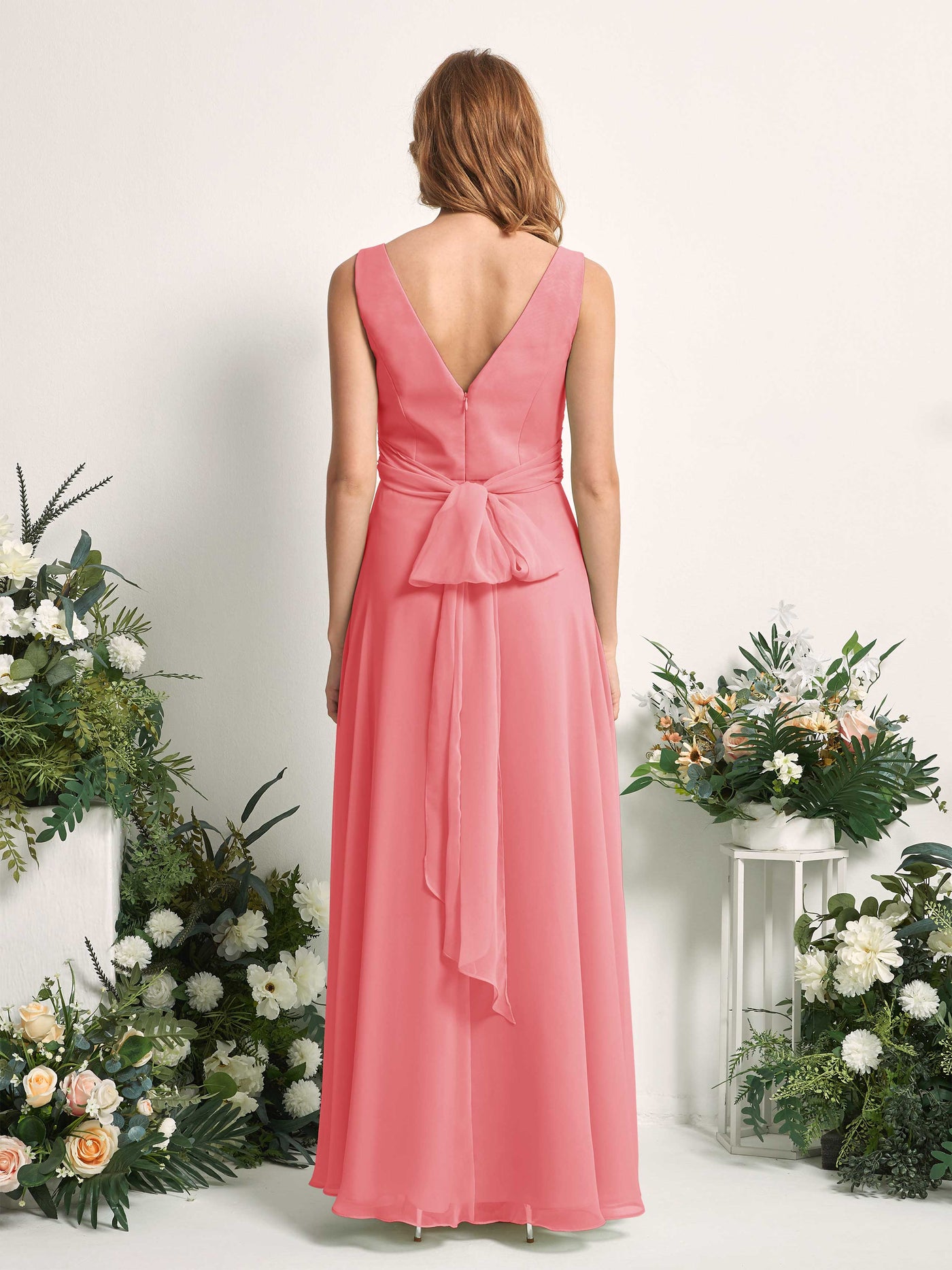 Carlyna A-Linie V-Ausschnitt bodenlang Brautjungfernkleid Korallenrosa #farbe_korallenrosa