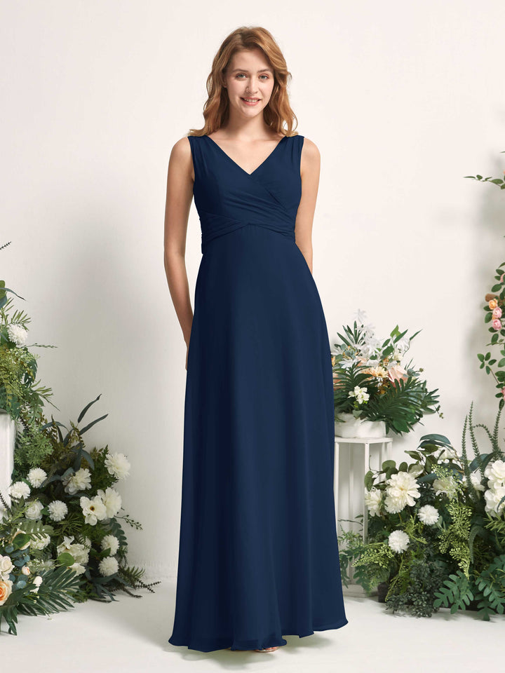 Carlyna A-Linie V-Ausschnitt bodenlang Brautjungfernkleid Marineblau 