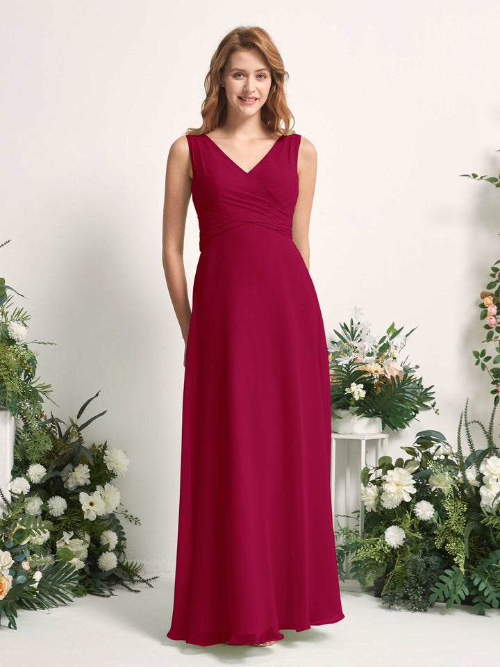 Carlyna A-Linie V-Ausschnitt bodenlang Brautjungfernkleid Narrenrot 