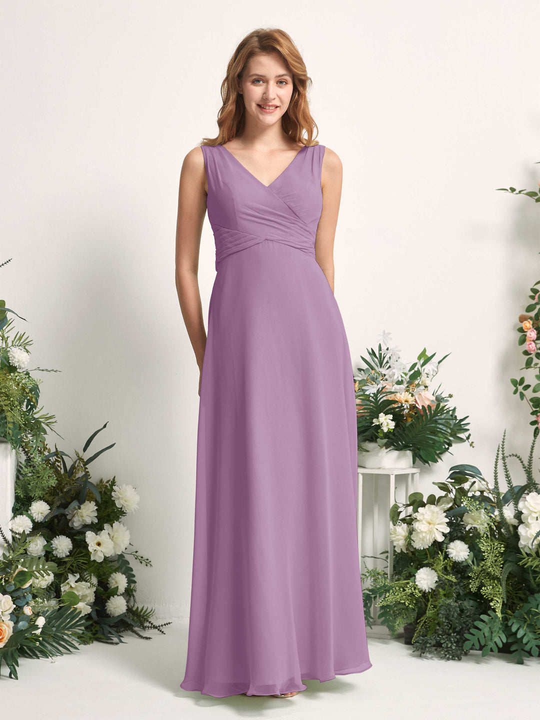 Carlyna A-Linie V-Ausschnitt bodenlang Brautjungfernkleid Orchideen-Nebel 