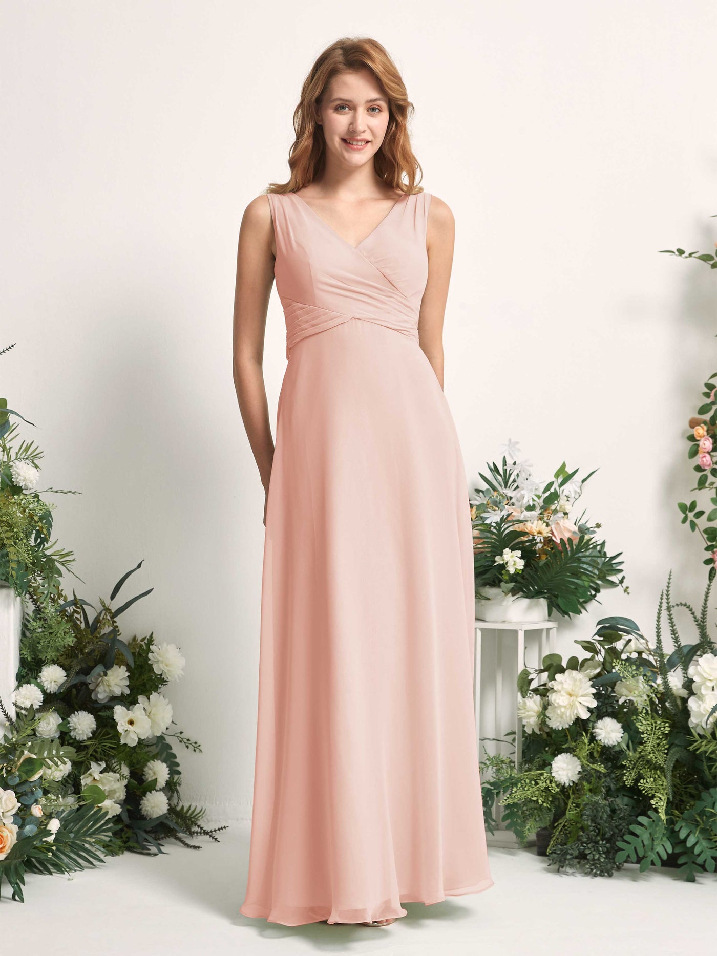 Carlyna A-Linie V-Ausschnitt bodenlang Brautjungfernkleid Perlrosa #farbe_perlrosa