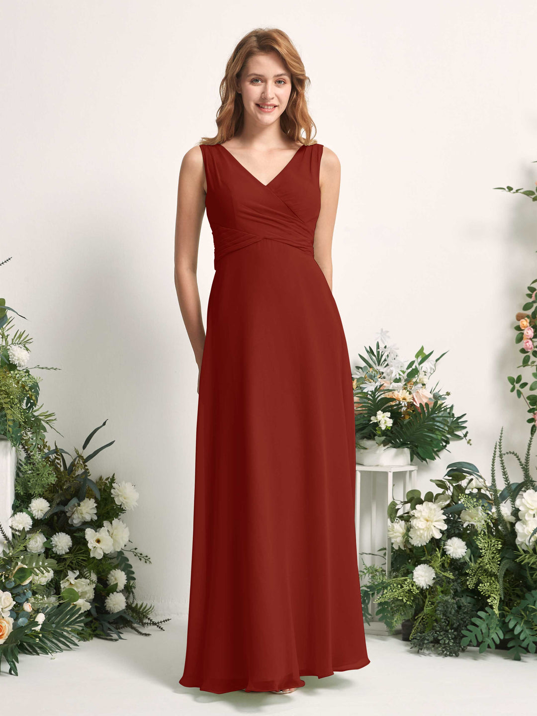 Carlyna A-Linie V-Ausschnitt bodenlang Brautjungfernkleid Rostrot 