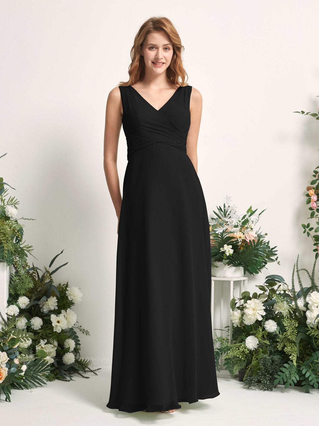 Carlyna A-Linie V-Ausschnitt bodenlang Brautjungfernkleid Schwarz 