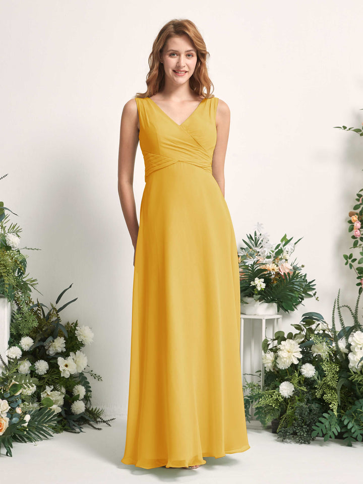 Carlyna A-Linie V-Ausschnitt bodenlang Brautjungfernkleid Senfgelb 