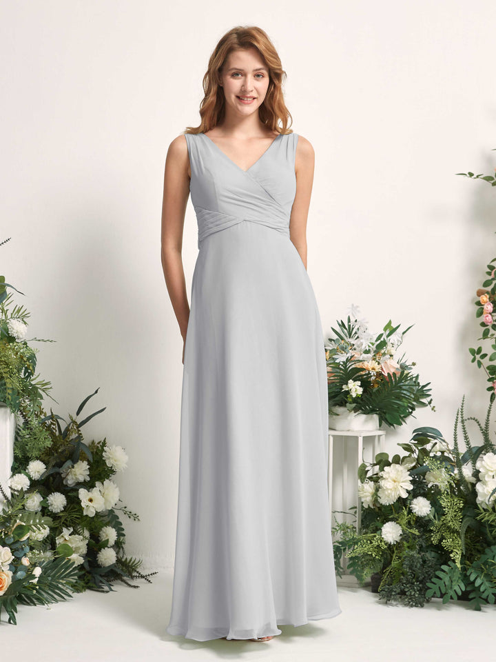 Carlyna A-Linie V-Ausschnitt bodenlang Brautjungfernkleid Silber 