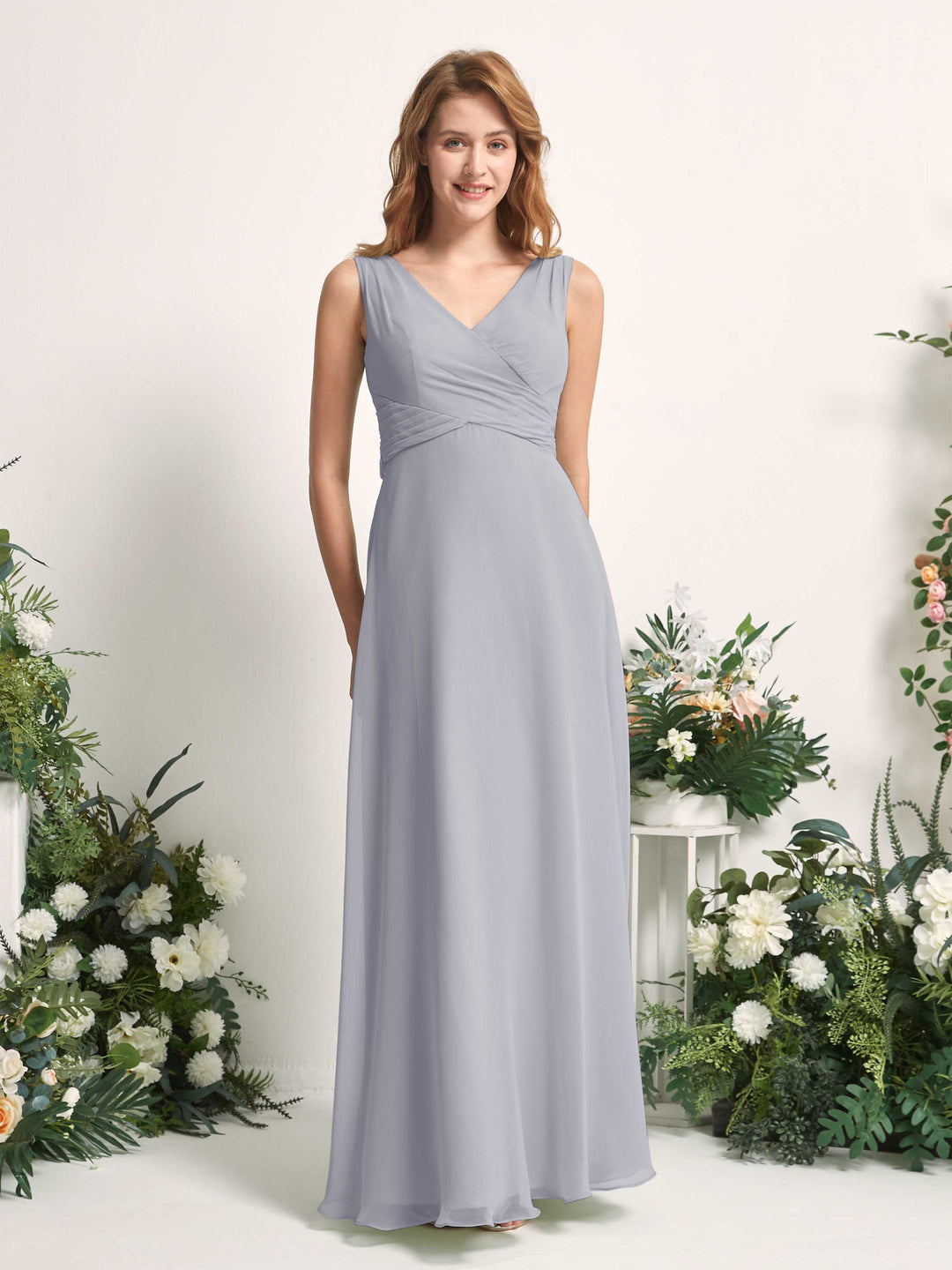 Carlyna A-Linie V-Ausschnitt bodenlang Brautjungfernkleid Staubiger Lavendel 