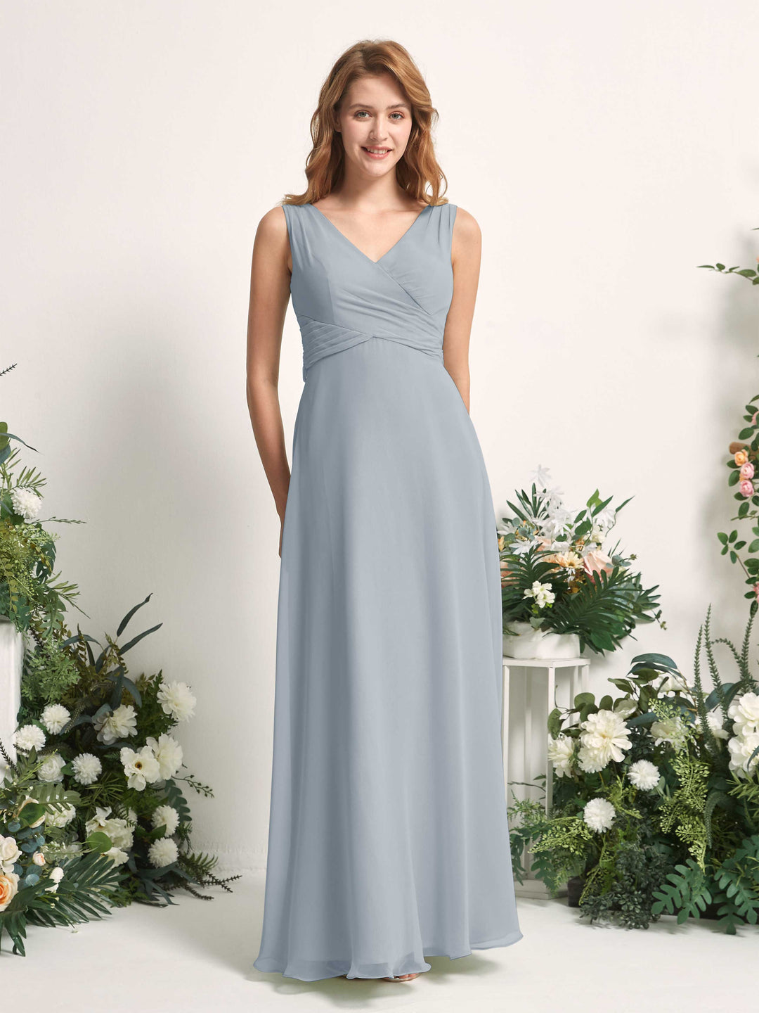 Carlyna A-Linie V-Ausschnitt bodenlang Brautjungfernkleid Staubiges Blau-Upgrade 