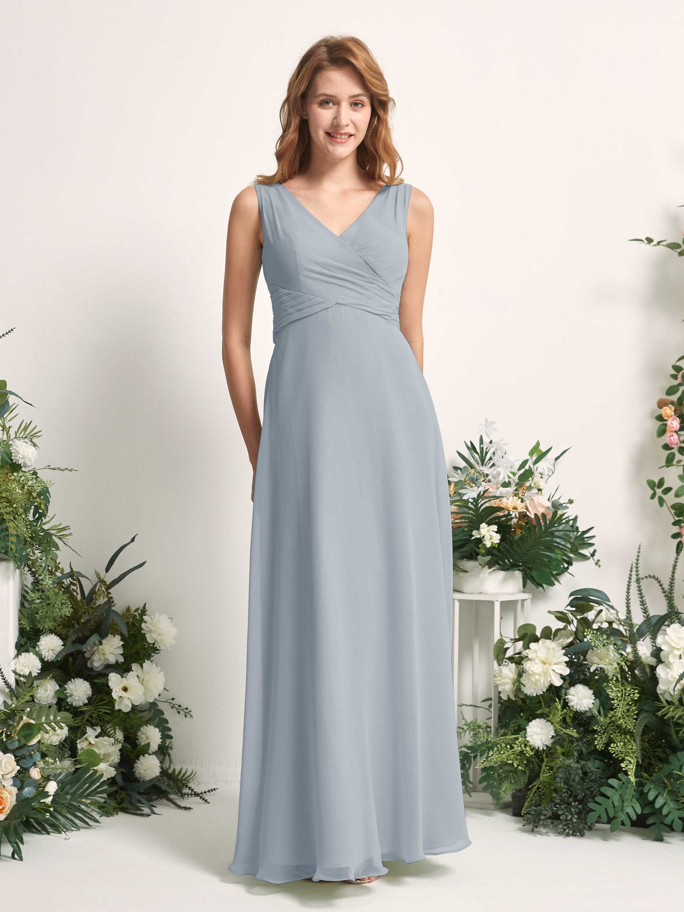 Carlyna A-Linie V-Ausschnitt bodenlang Brautjungfernkleid Staubiges Blau-Upgrade #farbe_staubiges-blau-upgrade