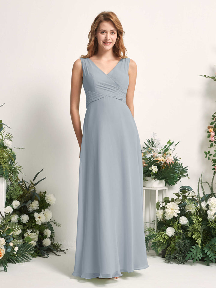 Carlyna A-Linie V-Ausschnitt bodenlang Brautjungfernkleid Staubiges Blau-Upgrade 