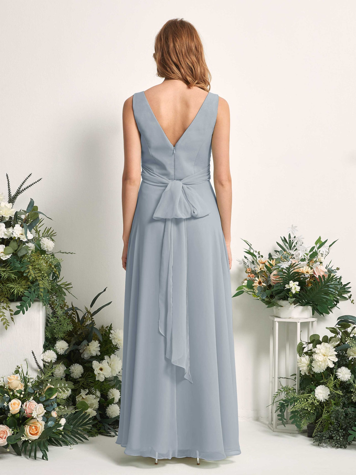 Carlyna A-Linie V-Ausschnitt bodenlang Brautjungfernkleid Staubiges Blau-Upgrade #farbe_staubiges-blau-upgrade