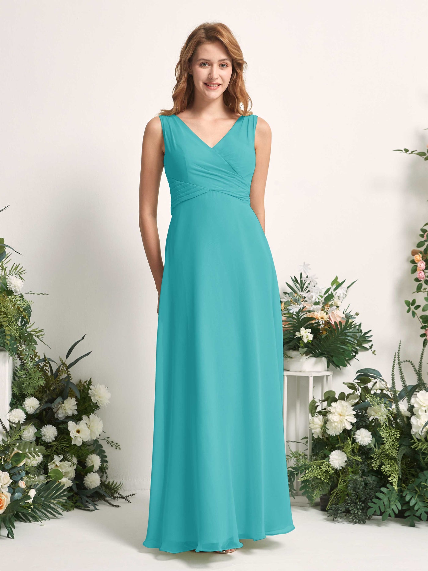 Carlyna A-Linie V-Ausschnitt bodenlang Brautjungfernkleid Türkis #farbe_t-rkis